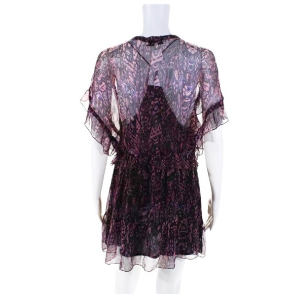 IRO Gilio Dress Size 4 Black Pink Purple Abstract Print Ruffle - Picture 3 of 11